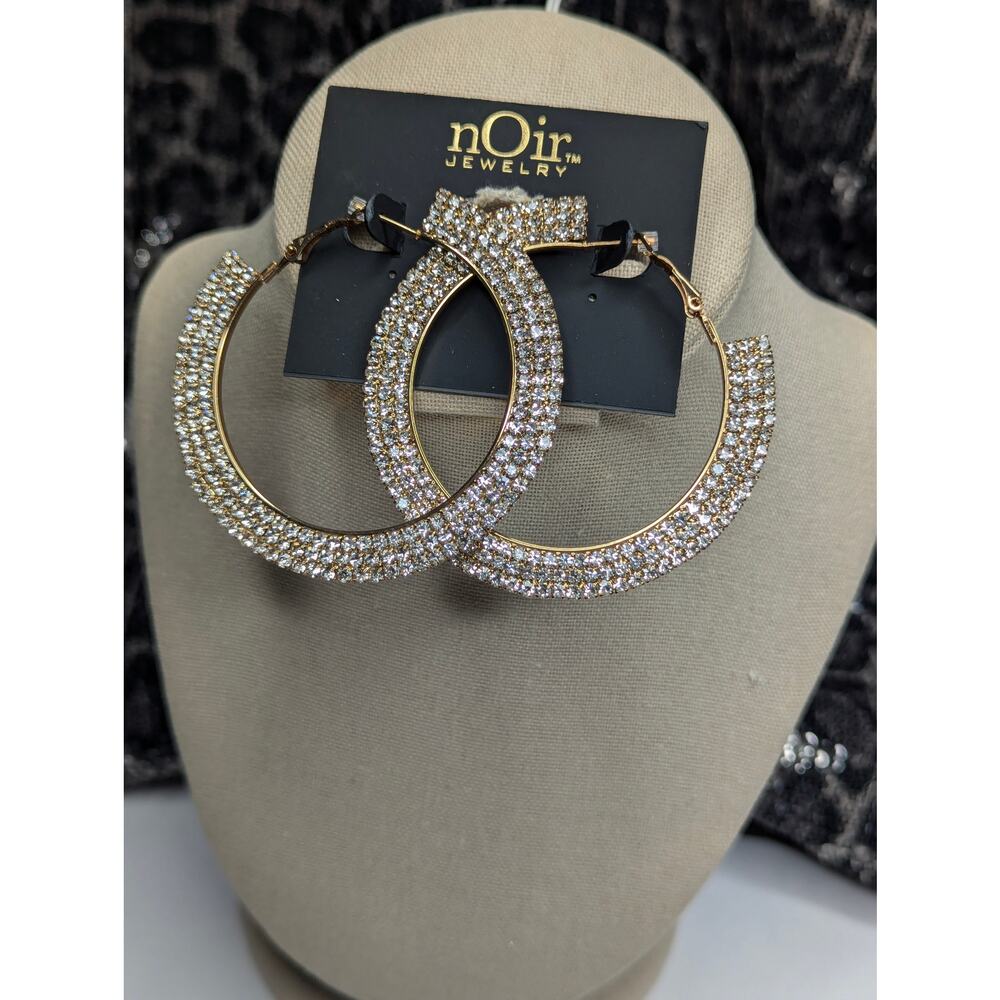 nOir Round Gold Rhinestone Hoop Earrings Sparkling Statement Hoops - Picture 2 of 5